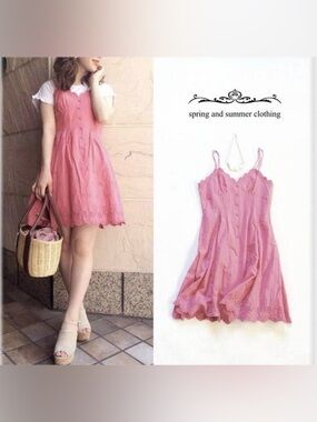 Women’s Pink Orange Scallop-Edge Summer Spaghetti Strap Slip Mini Dress Paid $80
